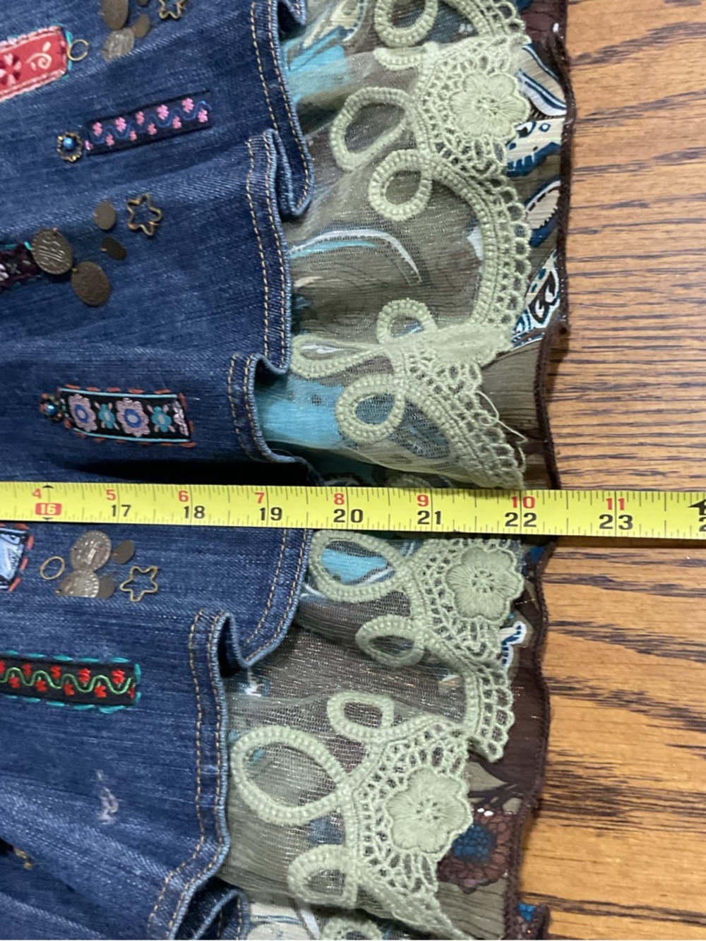 Boho Layered Embroidered Pleated Denim Midi Skirt w Green Lace Floral Hem - Picture 7 of 11